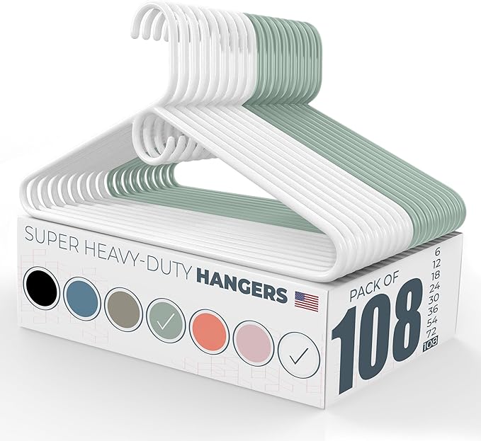 Neaties Super Heavy Duty Clothes Hangers 100 Pack (108 Count) – Made in the USA - 10lb Capacity, Thick Plastic Hangers for Pants, Coats, Jackets, Jeans and Adult Clothing – White & Mint