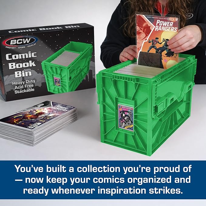 BCW Short Comic Book Bin | Holds 150 Comics | Stackable Plastic Storage | Acid-Free Organizer | Green, 2 Pack