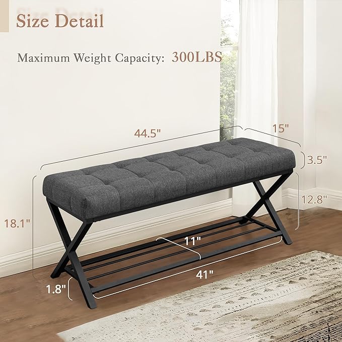 LUE BONA 44.5” End of Bed Bench with Shelf, Linen Tufted Upholstered Storage Shoe Bench, Modern Bedroom Bench with Metal Legs for Living Room, Entryway, Dining Room, 300 LB, Carbon Gray