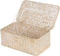 FEIALNDUO Wicker Shelf Baskets with Lid,Seagrass Storage Basket Bins Rectangular Handwoven Basket Boxes for Shelves Desktop Home Organizer (Whitewash, X-Small)