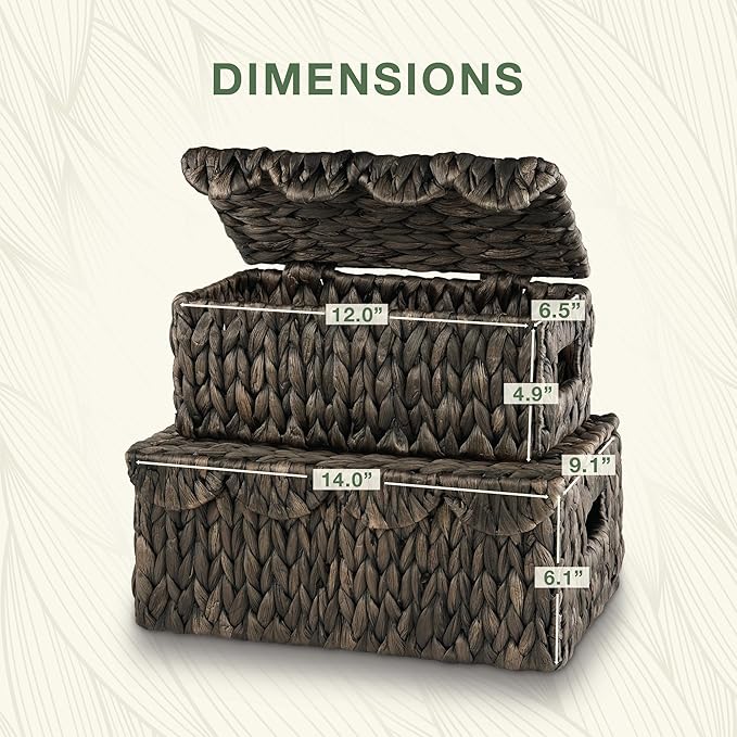 Set of 2 Scalloped Black Wicker Baskets with Lid