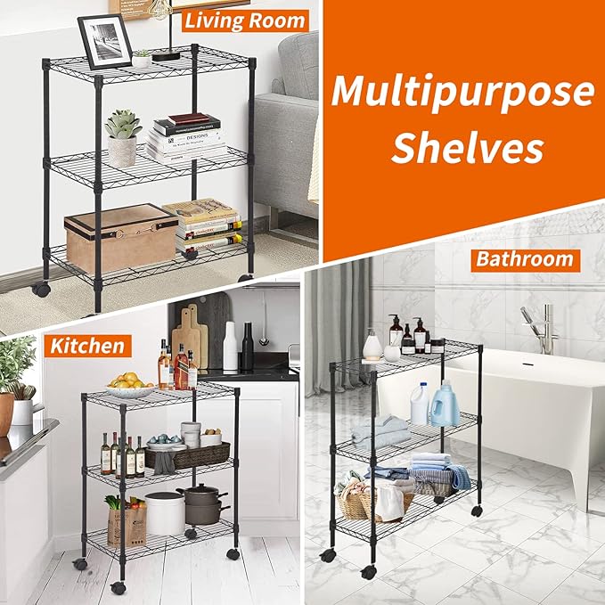 3 Tier Rolling Storage Cart with Wheels and Leveling Feet, Adjustable Wire Shelving Rack, Heavy Duty 450LBS Capacity, Metal Shelf Organizer for Kitchen, Bathroom, Laundry, Office, 23"L x 13"W x 31.3"H
