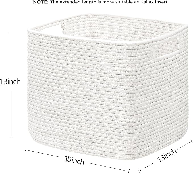 UBBCARE Set of 2 Kallax Storage Cubes-13 ×15 ×13 Inch, Cotton Rope Basket for Shelves, Toys, Book, Cube Storage Bin with Handles, Woven Storage Basket for Organizing, White