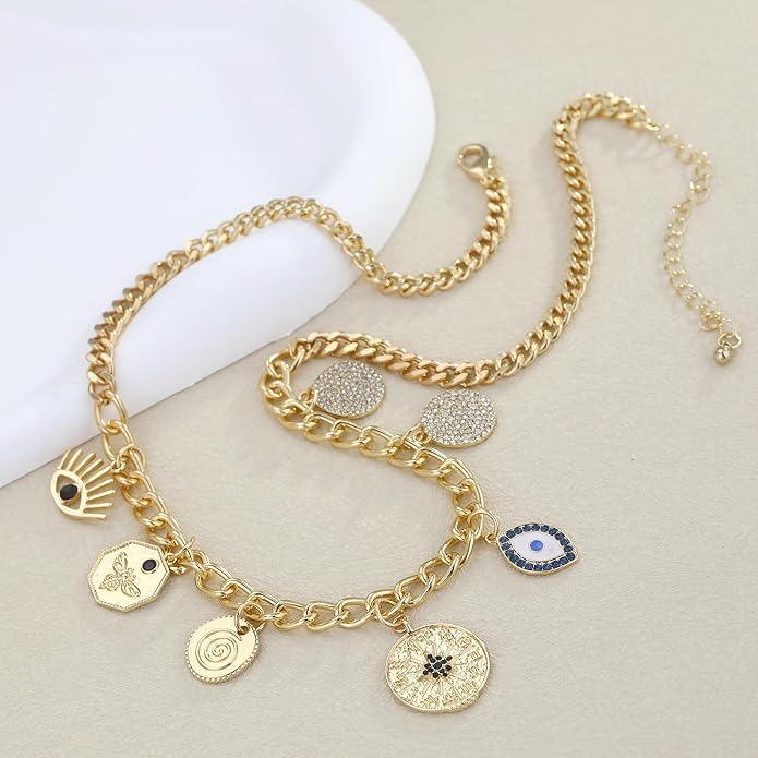 Chunky Gold Necklace for Women Gold Evil Eye Cowboy Pendant Necklace Dainty Paperclip Chain Vintage Luck Amulet Choker Necklaces Celestial Jewelry Gift