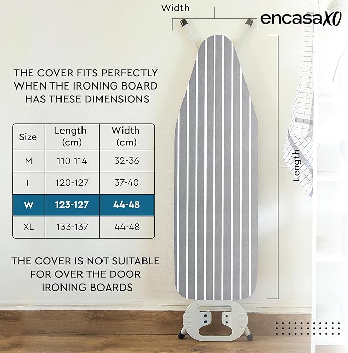 Encasa XO Ironing Board Cover and Pad 49"x18" - 4mm Felt Wide Iron Board Cover with Padding, Stain-Safe Dye, Non Slip, Elastic Bungee Cord Tightening, Heat Resistant Roma Grey Stripes