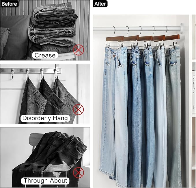 TOPIA HANGER Lotus Wood Pants Hangers, Walnut Wooden Skirt Short Jeans Trouser Hanger with Smooth Surface 360° Swivel Hook Anti Rust 2 Adjustable Clips, 10 Pack CT10PWA