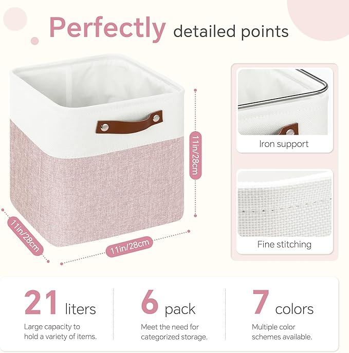 Cube Storage Baskets 6 Pack, 11x11 inch Cube Storage Bins with Leather Handles for Shelf Closet (White/ Pink)