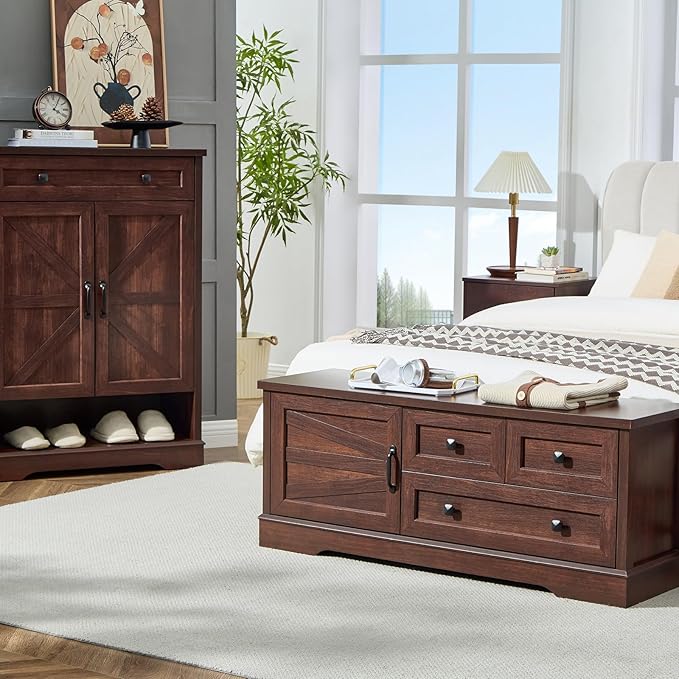SOOWERY 48 Inch Cherry Wood End of Bed Storage Bench, Farmhouse Bed Bench with Drawers and Cabinet, Rustic Shoe Storage Bench for Entryway, Bedroom, Living Room
