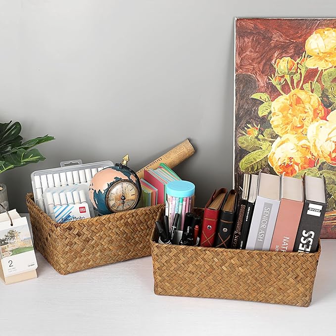 Set of 2 Wicker Storage Baskets for Shelves, Simple Organizing Basket for Home Shelf Baskets Woven Wicker Organizer Bins Shelf Baskets for Organizing Wardrobe Desktop Home Decor, Caramel