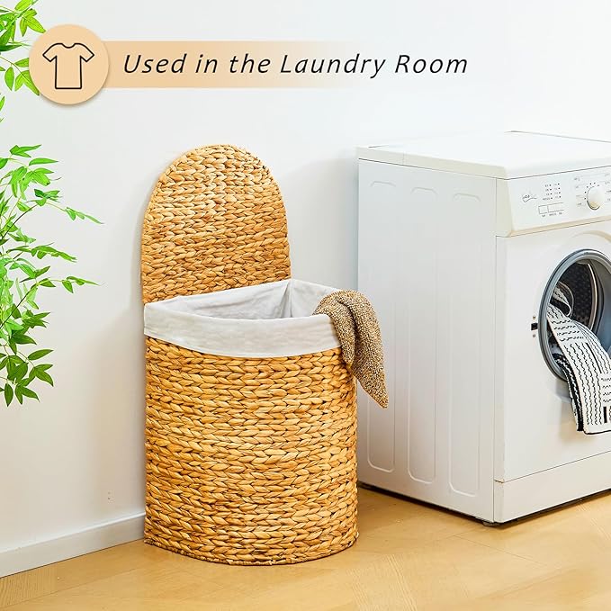 Half Round Wicker Laundry Hamper with Lid and 2 Removable Liner Bags, Handwoven Natural Water Hyacinth Laundry Basket for Dirty Clothes, Natural