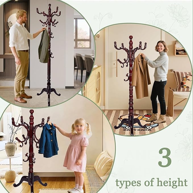 Coat Rack Freestanding,Solid Wooden Coat Rack Stand with 3 Height Options,14 Hooks, Natural Birch Coat Tree Easy to assemble for Clothes Jacket Hat bag Entryway (mahogany) (mahogany 2)