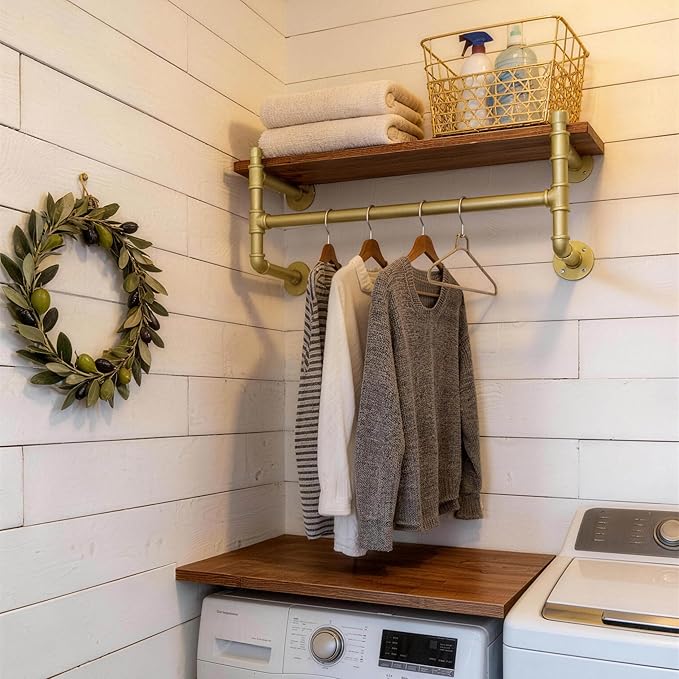 WEBI Wall Mounted Clothes Rack with Shelf,30" Industrial Pipe Clothing Rack with Shelf with Hanging Rod,Heavy Duty Iron Garment Rack Bar,Retail Display Clothes Rod for Laundry Room,Closet,Gold