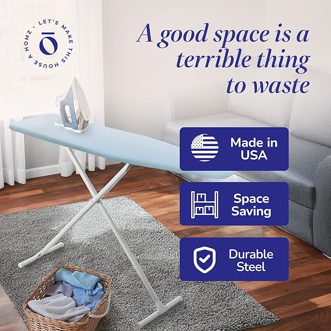 HOMZ Ironing Board, Folding Compact Table with Foam Pad and Cotton Cover, Light Blue - Portable Iron Machine Stand for Pressing Clothes - Ideal for Home, Dorm, and Laundry Room