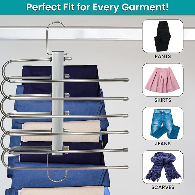 Closet Organizer with Drop-Down Innovation for Pants Skirts Jeans Scarves | Heavy-Duty Metal and Wooden Hangers with Non-Slip Padding for Room Essentials | USTECH Multi Tier Slack Organizer