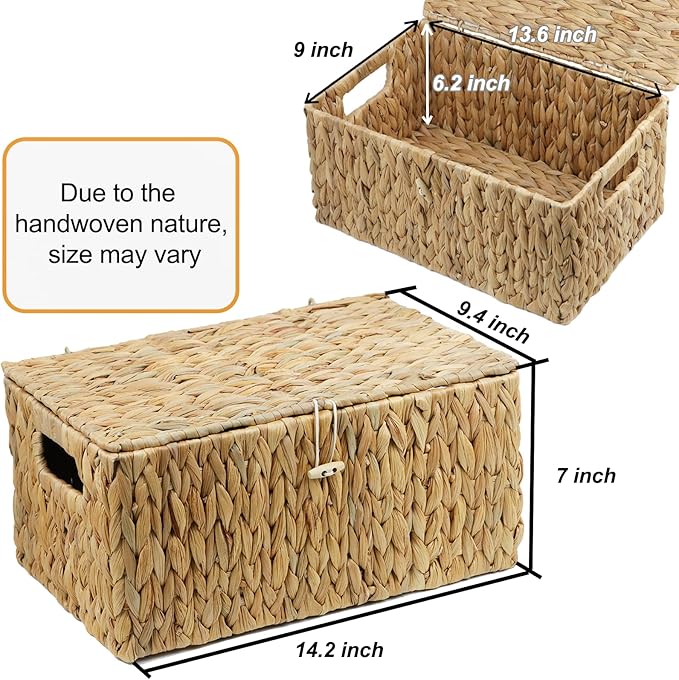 Large Wicker Basket with Lid, Rectangular Water Hyacinth Storage Baskets for Organizing, Woven Basket for Storage, Decorative Boxes Bins with Lids Home Organizer Decor