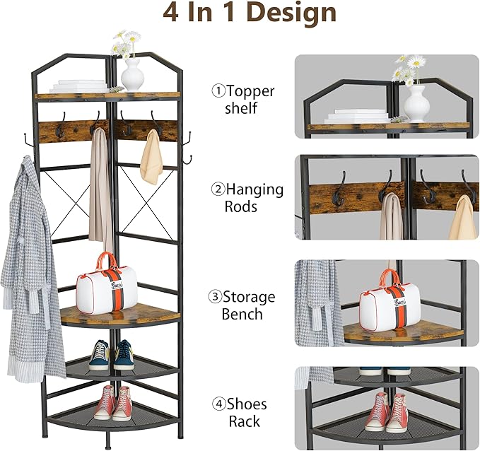 Lamerge Conner Coat Rack with Storage, Multifunctional Entryway Shelf Organizer with 12 Hooks & 4-tier Shelves, 72" Industrial Hall Tree Freestanding Clothes Rack for Living Room Bedroom, Brown