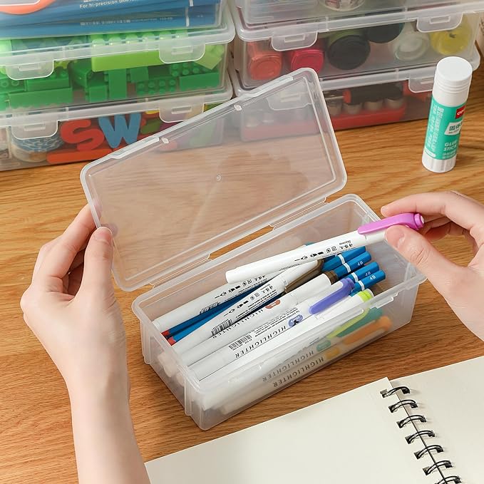 8-Pack Clear Pencil Cases and Pencil Boxes, Stackable Plastic Pencil Box with Snap Lid, Large Capacity for Markers and Art Supplies for School, Office and Desk Organization – Rectangular Large