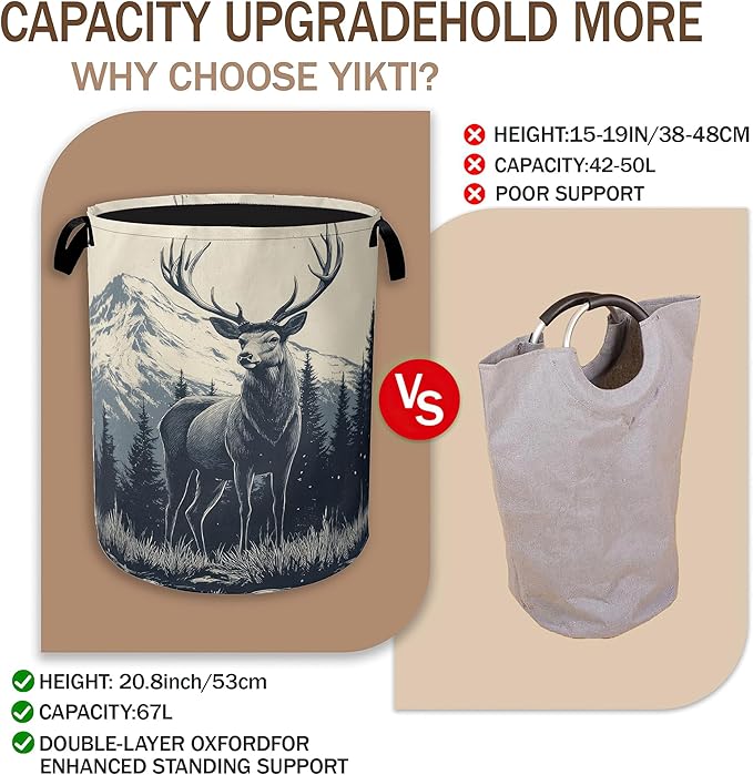 Collapsible Laundry Basket,Vintage Forest Deer Dirty Clothes Hamper,Snow Mountain Hampers for Bedroom Waterproof Oxford Cloth Storage Organizer for Bathroom,Nursery,Dorm,16x20 Inch