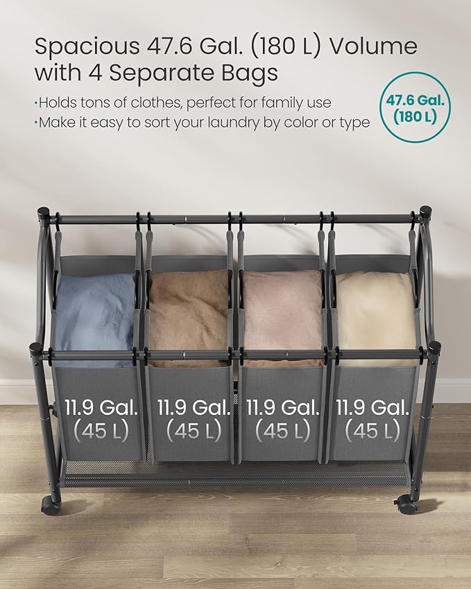 SONGMICS Rolling Laundry Sorter Basket with 4 Removable Bags, Laundry Hamper Cart, for Bedroom, Bathroom, 4 x 11.9 Gallons, Slate Gray URLS103G01