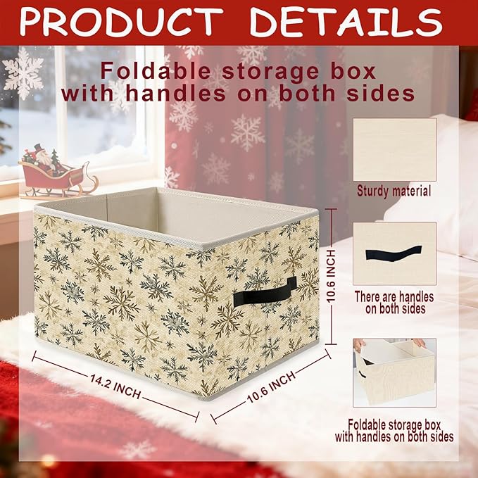Vintage Winter Snowflake Neutral Christmas Storage Bins, Rustic Holiday Winter Christmas Foldable Closet Organizers Storage Basket Toybox for Clothes Bed Sheets Blankets Toys