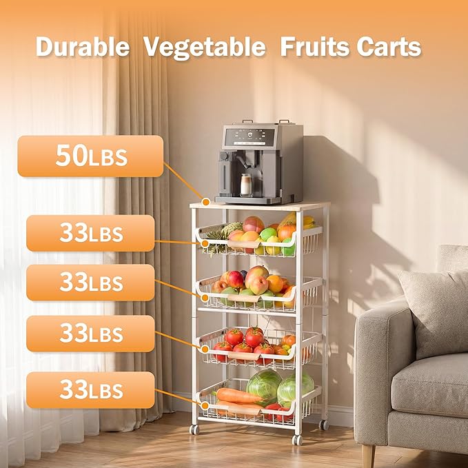JAQ Fruit Basket for Kitchen, 5-Tier Slide Out Storage Baskets Carts Organizers Drawers with Wood Top Table with Rolling Wheels for Snacks Vegetables Vianderos para Cocina Modernos (White, 5 Layer)