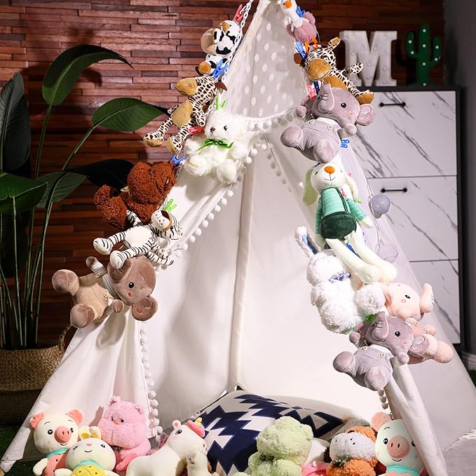 Hotop 2 Pcs Stuffed Animals Storage Chain Hanging Stuffed Animal Organizer with 40 Plastic Clips 79 Inch Plush Toys Holder with Hooks for Wall Bedroom Hanging Hat Socks Holiday Card (White)
