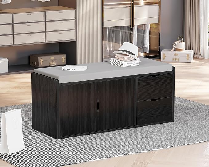 LVB 2-Tier Storage Bench with Padded Seat Cushion, Entryway Bench with 2 Drawers, Removable Barn Doors & Adjustable Shelf, Industrial Shoe Bench for Hallway, Bedroom, Living Room,Black Oak, 40 Inch