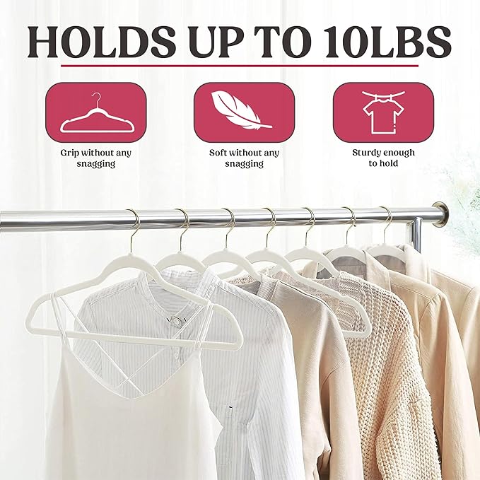 LDC White Velvet Hangers 50 Pack - Premium Non-Slip Clothes Coat Pants Felt Hanger for Closet - Heavy Duty Space Saving 360° Swivel Hook Hangars - White
