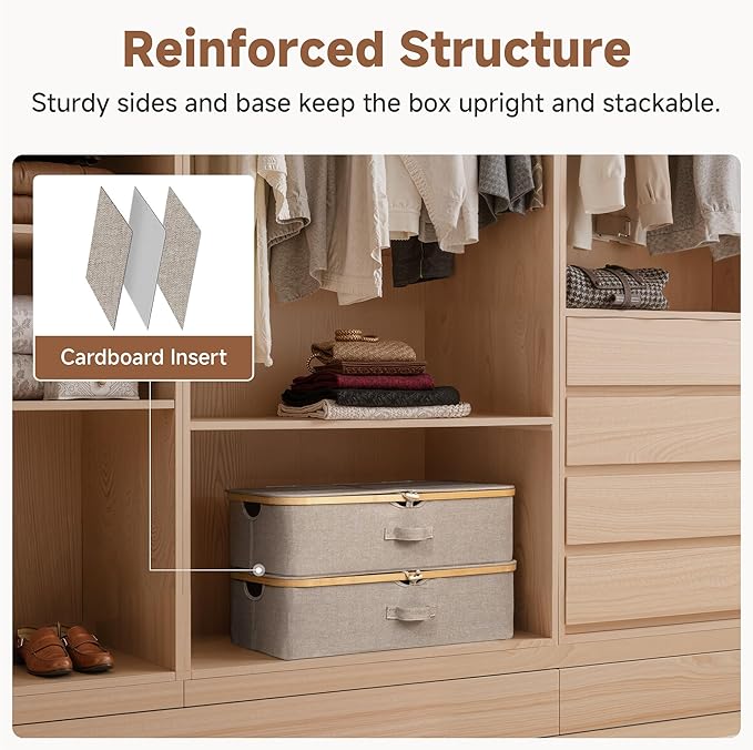 StorageWorks 2-Pack Underbed Storage Box with Bamboo Frame, 42L Flip-Top Under Bed Container for Blankets, Bed Sheets, Coverlets and Towels, Taupe