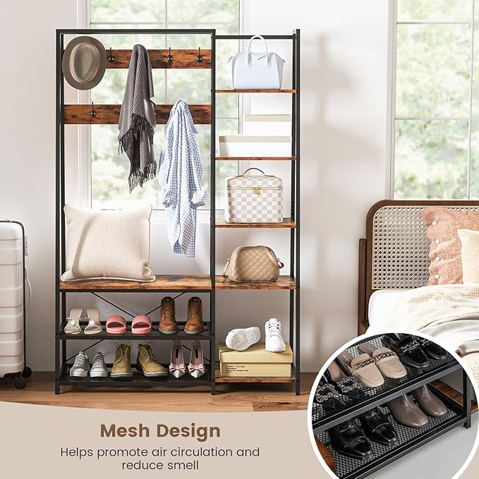Giantex Coat Rack with Shoe Bench, Industrial Hall Tree with Storage Bench, 9 Hooks, 5 Side Shelves, Accent Large Shoe Rack Bench with Storage Shelf Hanging Bar for Entryway, Hallway (Rustic Brown)