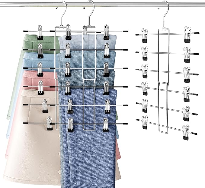 Pants Hangers with Clips, 6 Tier Skirt & Pants Hangers Space Saving,Closet Organizers and Storage Skirt, Clothes & Pants