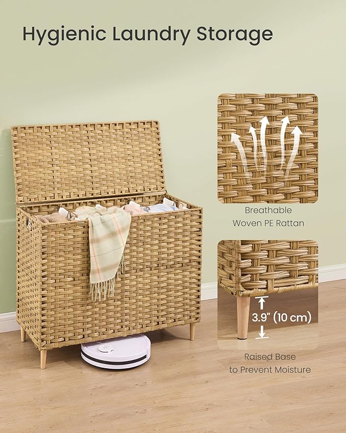 SONGMICS Laundry Hamper with Lid, 55.4 Gal. (210 L) PE Rattan Laundry Basket with Lid and Handles, Natural Material,Removable Machine Washable Liner, Goose Yellow ULCB224YE01