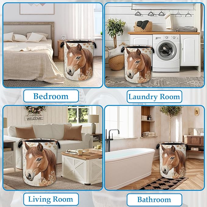 Horse Flowers Laundry Basket Collapsible Laundry Hamper Oxford Storage Bin for Clothes Storage, Toy Organizer, Books and Sundries 16" X 20.8"