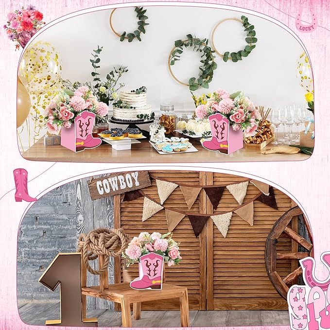 8 Set Western Cowboy Boots Flower Boxes Centerpiece Boot Shape Gift Boxes Western Party Decoration Vase Centerpieces for Table Rodeo Birthday Baby Shower Wedding Supplies(Pink)