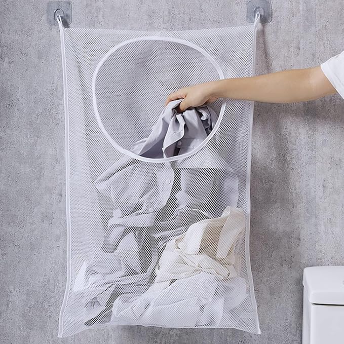 Hanging Laundry Hamper Bag, 2 Pack Over The Door Hanging Laundry Bag, 30 x 20 Inch Large Foldable Mesh Laundry Basket with 4 Adhesive Hooks for Dirty Clothes Organization and Storage