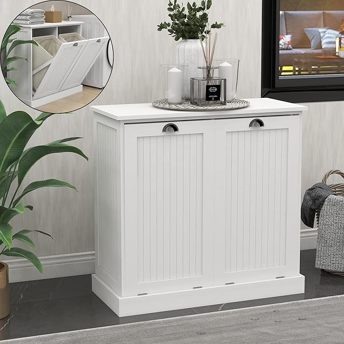 Tilt Out Laundry Hamper with Removable Basket, Hidden Laundry Hamper, Wood Bathroom Storage, Free Standing Home Organizer, White, LOC005