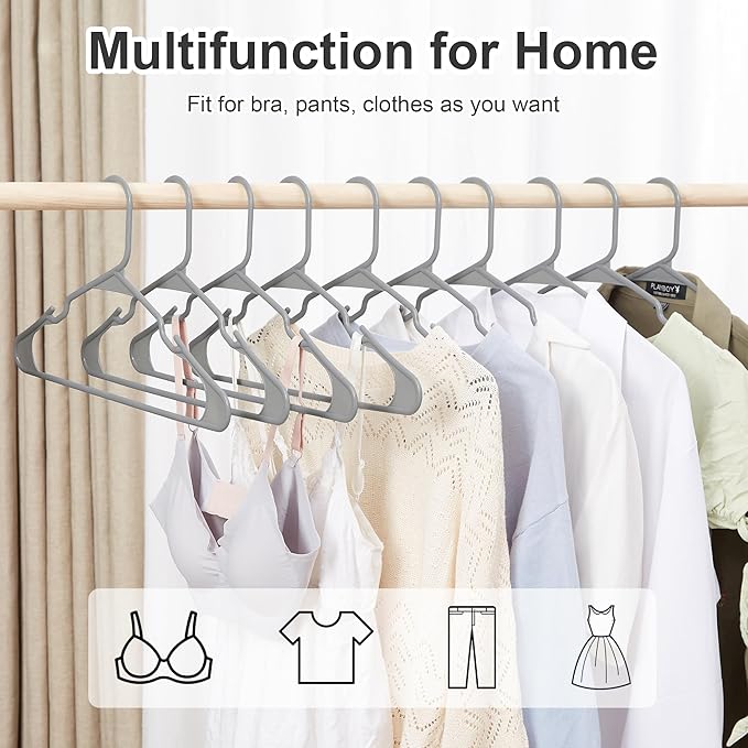 VECELO 50 Pack Plastic Hangers-Non Slip Clothes Hangers Set with Shoulder Grooves for Closet Space Saving-Heavy Duty Hanger for Suit Coat Pants Skirt Dresses