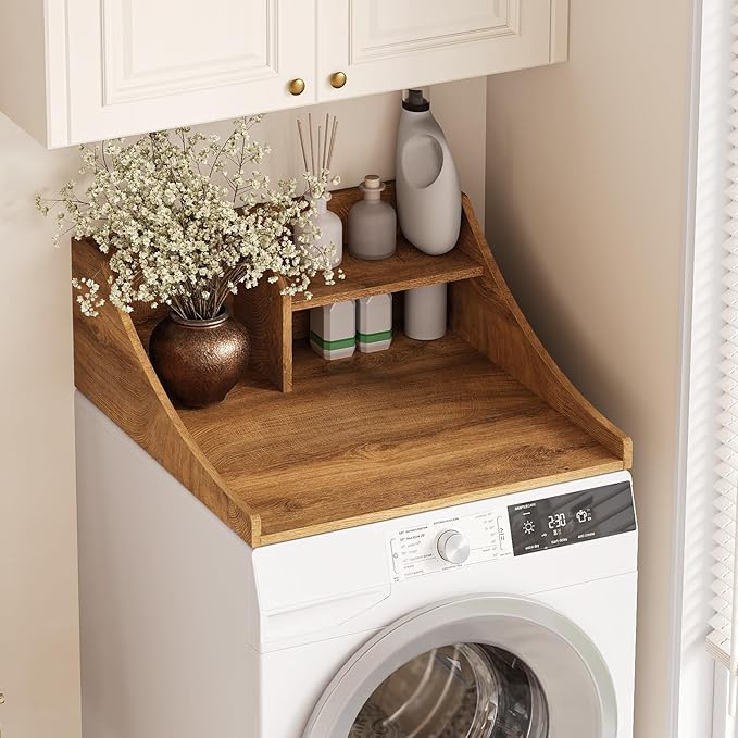 27'' Washer Dryer Countertop with Shelf, 2-Tier Laundry Countertop for Single Wood Washer and Dryer Topper for Laundry Room Organization, Brown