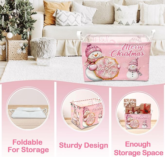 1 Pcs Pink Christmas Theme Storage Basket, Merry Christmas Storage Boxes, Foldable Snowman Decor Storage Boxes, for Family Bedroom Toy Clothing Storage, Xmas Party Decor Gifts