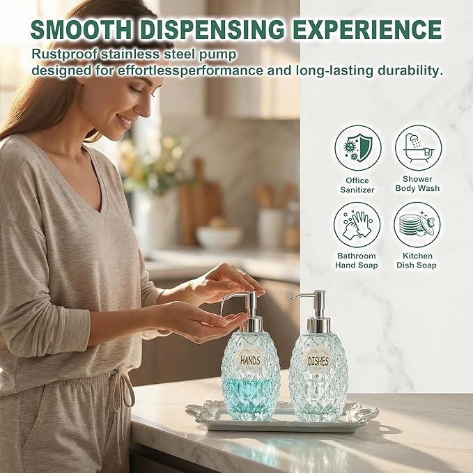 MALACHI Soap Dispenser Set, Crystal-Textured Diamond Glass with Rustproof Stainless Steel Pump, Dual-Labelled Hand & Dish Soap Dispenser for Kitchen & Bathroom