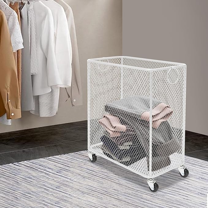 Laundry Basket on Wheels, Large Rolling Laundry Hampers, Stackable Storage Cart with Handles Removable Wire Organizer Baskets Clothing Sorting Rack (White, Rectangular)