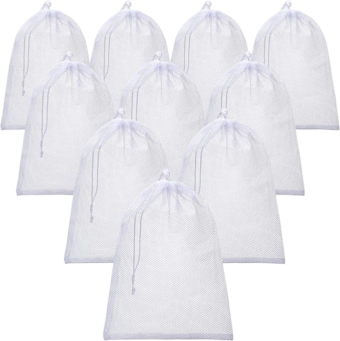 TecUnite 10 Pcs Mesh Laundry Bags with Drawstring Multicolor Mesh Sack Bag Nylon Gift Dishwasher Bag with Sliding for Storage Clothes Socks Jewelry Gifts Toys Fruit(12 x 16 Inch,White)