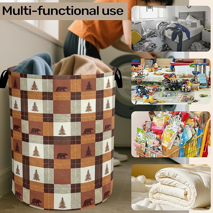 Forest Cabin Bear Laundry Basket with Handles - Extra Large Foldable Hamper for Bathroom/Laundry/Bedroom/Dorm, Washable Fabric Storage Bin