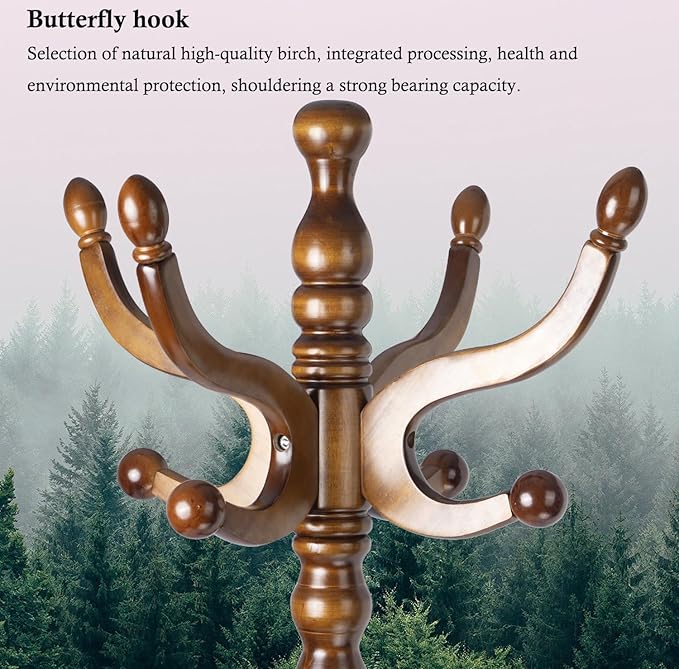 Wioao Coat Rack Stand, Solid Wooden Coat Tree with 11 Hooks, Heavy Duty Coat Rack Freestanding with Sturdy Round Base, Natural Birch Wood Coat Hanger Stand for Entryway Bedroom (brown circular)