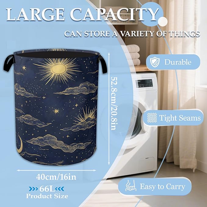 Sun Moon Laundry Basket Collapsible Laundry Hamper Clothes Toy Storage Bin for Bathroom Bedroom Room Decor 16" X 20.8"