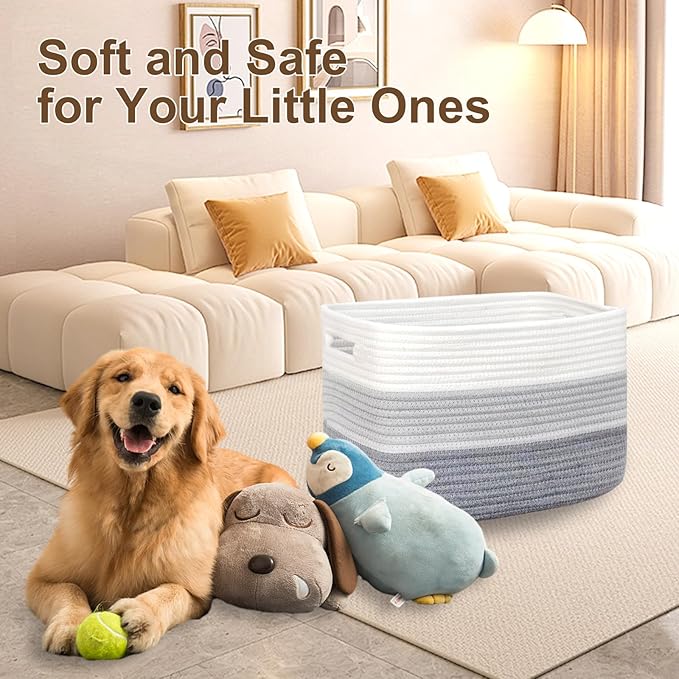 Laundry Basket with handle - 21"×17"×12" Rectangle woven Cotton Rope blanket basket,storage basket for Blankets,Baby Toys & Clothes (Fits Bathroom,Nursery, bedroom,Living Room) (Gradient Grey)