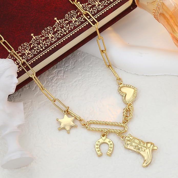 Chunky Gold Necklace for Women Gold Evil Eye Cowboy Pendant Necklace Dainty Paperclip Chain Vintage Luck Amulet Choker Necklaces Celestial Jewelry Gift
