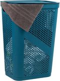 Mind Reader Slim Laundry Hamper with Lid, 60L Clothes Basket, Ventilated Plastic, Blue