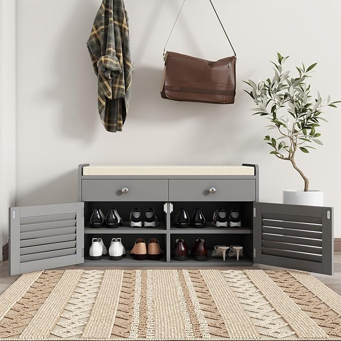 Shoe Storage Bench with Cushion, Shoe Bench, Padded Seat, 2 Drawer Storage, Entryway, Hold up to 300lbs, 15.8 x 32.29 x 18.1 Inches, Grey