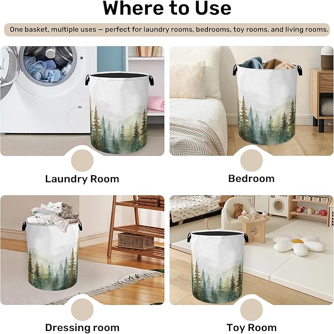 Misty Forest Green Foldable Laundry Hamper - Waterproof Fabric Storage Basket with Handles, Clothes Hampers for Laundry,Bedroom,Dorm